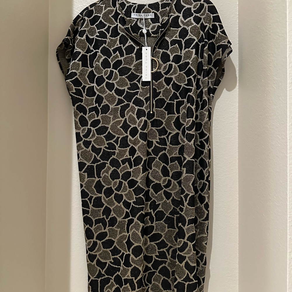 Trina Turk Black and Gold Metallic Graphic Dress with Mandarin Collar